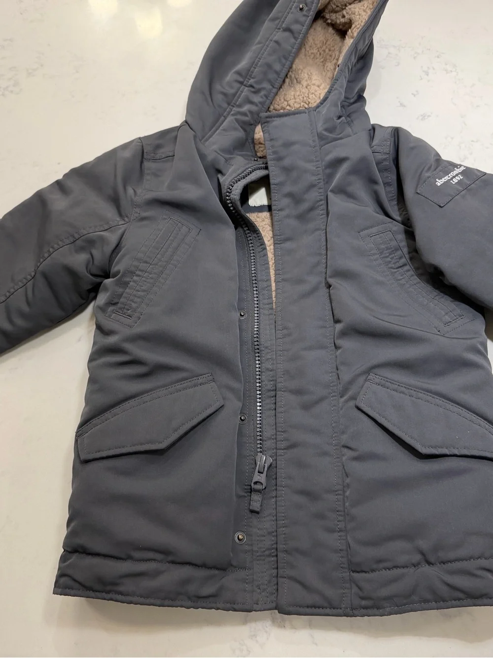 Abercrombie kids Gray Hooded Sherpa-Lined Puffer Jacket with Plaid Trim